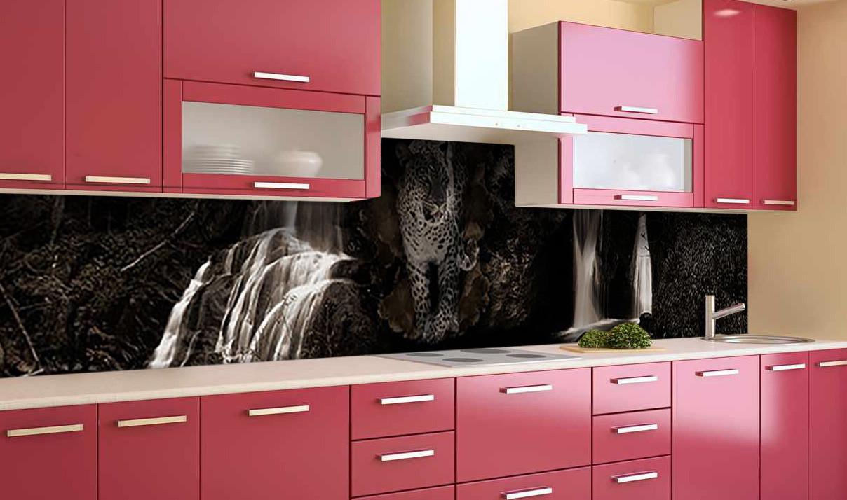 Кухонный фартук Леопард и водопад из самоклеющейся виниловой пленки 65х250 см Черный