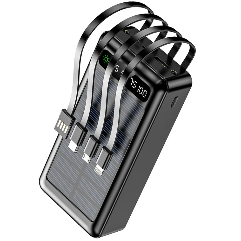 Повербанк із ліхтариком та сонячною батареєю швидка зарядка 4 кабелі 50000 mAh Чорний (99893b39) - фото 1 Повербанк із ліхтариком та сонячною батареєю швидка зарядка 4 кабелі 50000 mAh Чорний (99893b39) - фото 1