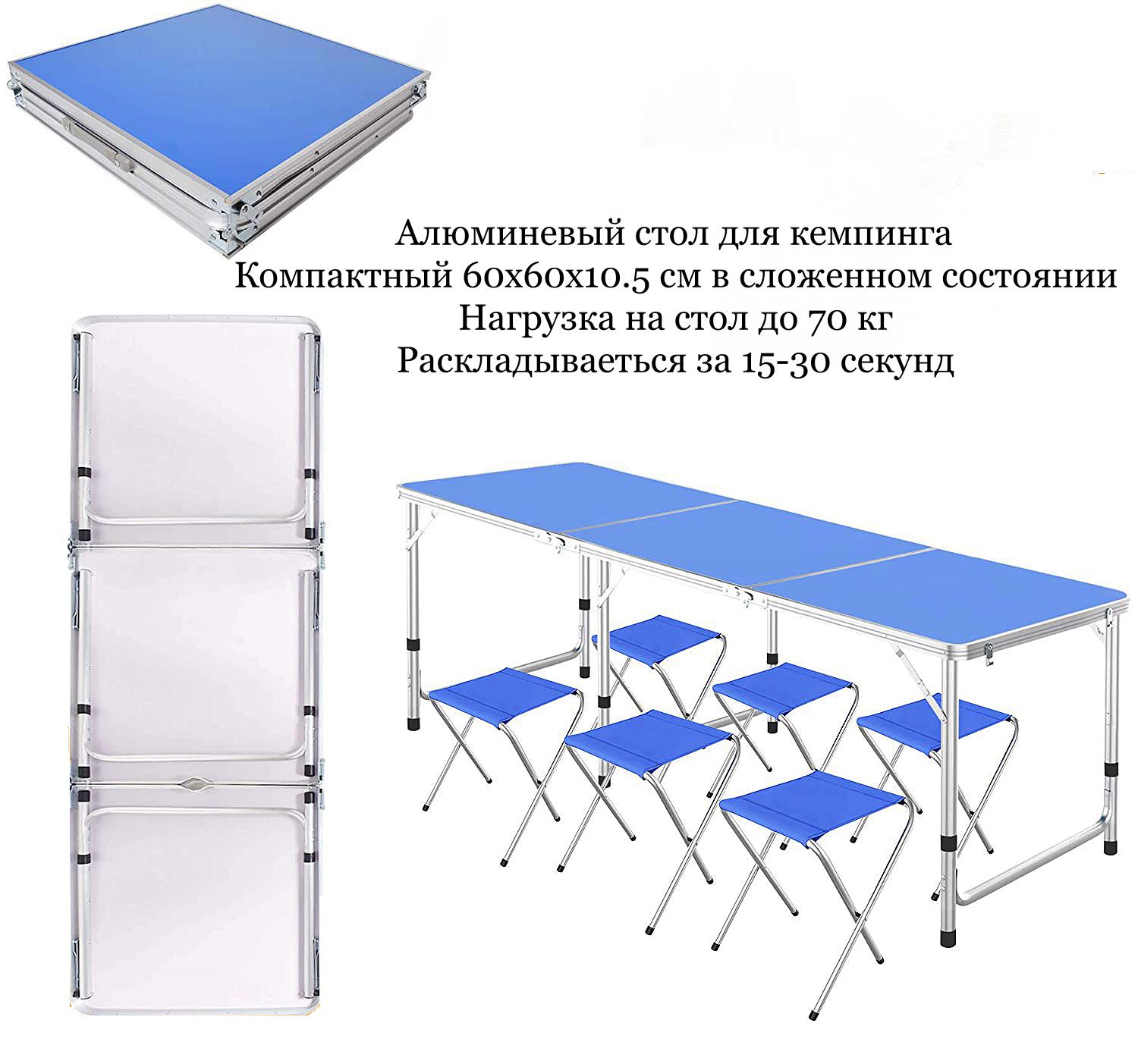 Розкладний туристичний стіл 180х60 см з 6-ма стільцями Синій (7041883) - фото 4