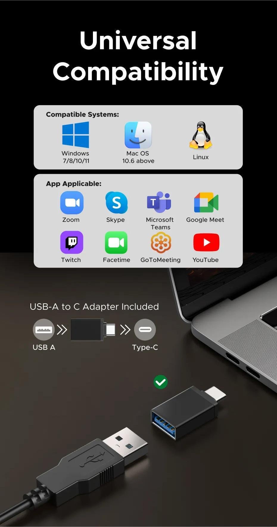 Веб-камера 4k Ugreen USB-C 2 м Серый (65381) - фото 8