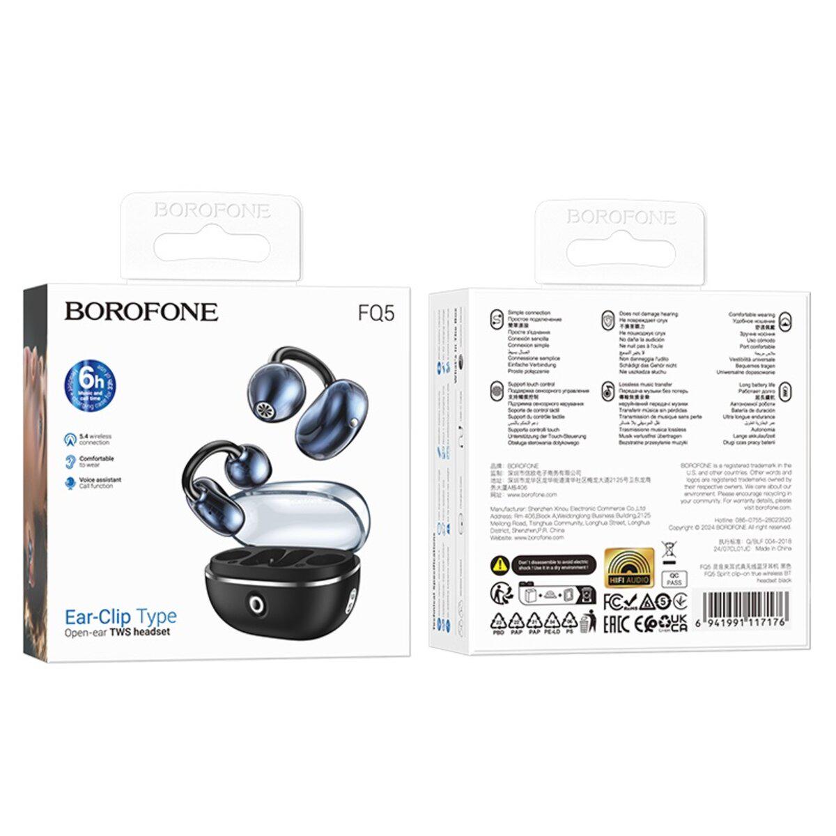 Навушники бездротові Borofone FQ5 Spirit clip-on True Wireless BT5.4 Headset 400 mAh Black (6941991117176) - фото 6