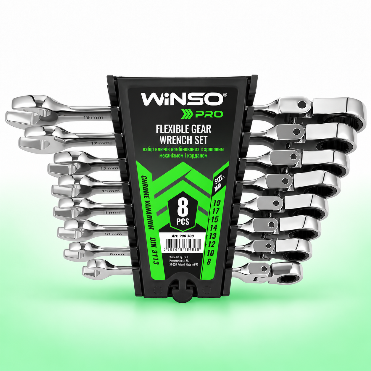 Набор комбинированных ключей с трещоткой и карданом WINSO PRO 8 шт. 8-19 мм CR-V