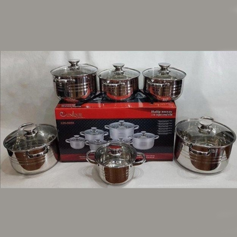 Набір посуду Unique UN-5035 каструлі з нержавіюча сталі з скляними кришками 12 пр. (23793648) - фото 8 Набір посуду Unique UN-5035 каструлі з нержавіюча сталі з скляними кришками 12 пр. (23793648) - фото 8