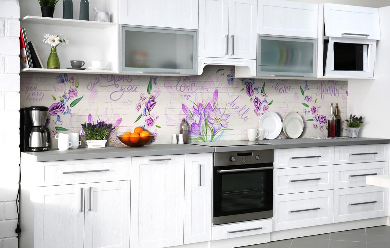 Кухонный фартук Прованс Цветы на Досках виниловый самоклеющийся 650х2500 мм Фиолетовый