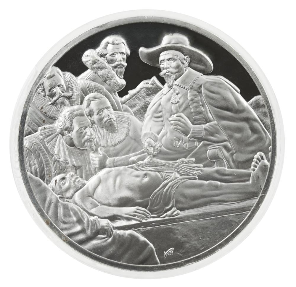 Коллекционная монета США Памятная медаль 1972-1976 серебро Proof Рембрандт Урок анатомии профессора Тульпа Ag 925 67 г (М21288)
