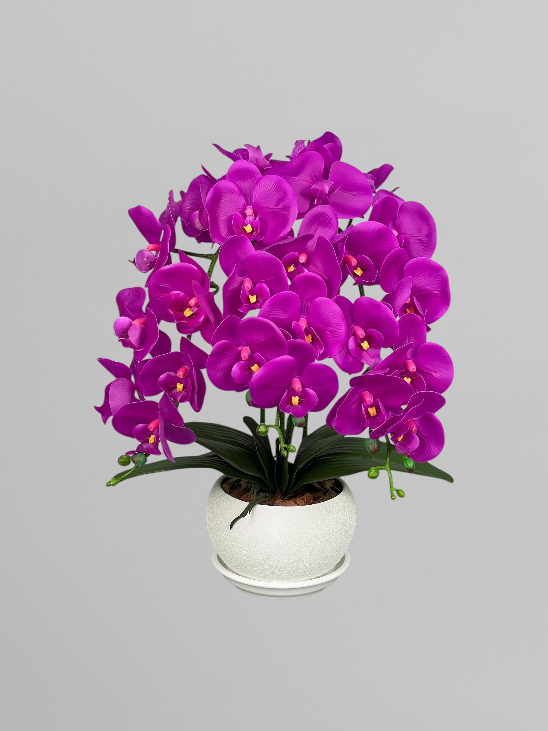 Композиция из искусственных орхидей из латекса Premium 3 веточки в белом керамическом кашпо Фиолетовый (А149)