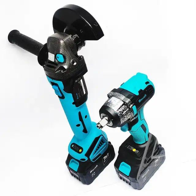 Аккумуляторный набор 2 в 1 гайковерт и болгарка угловая 21V 4Ah с индикатором заряда, реверсом и подсветкой, черно-голубые