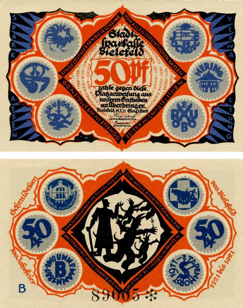Коллекционная банкнота Германия Нотгельд 50 пфеннигов 1921 F-VF Билефельд Разновидность 1 (Б18795)