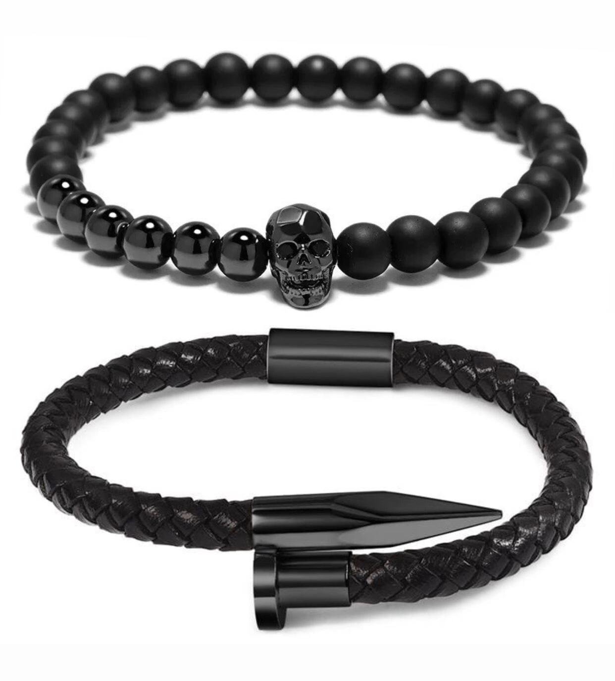 Комплект браслетів зі шкіри/шунгіту/агату у формі цвяха з черепом р. 16 (12117)