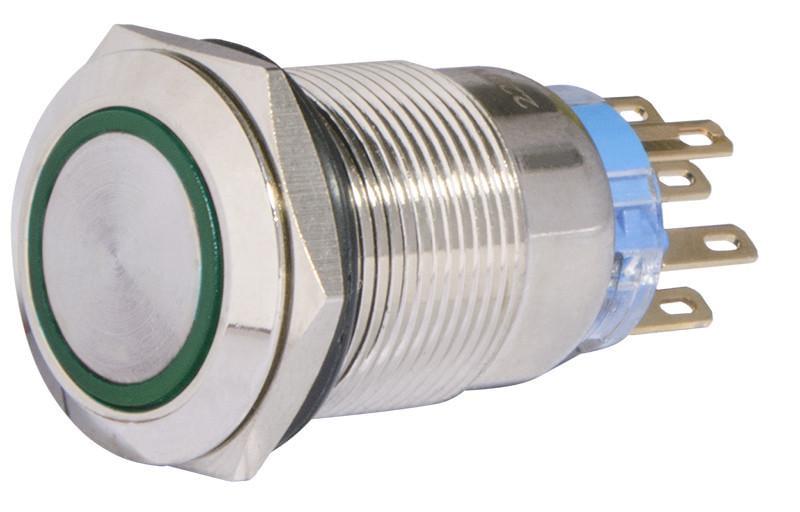 Кнопка TYJ 19-372 металлическая плоская с фиксацией 2NO+2NC с подсветкой 220V Зеленый (A0140010122)