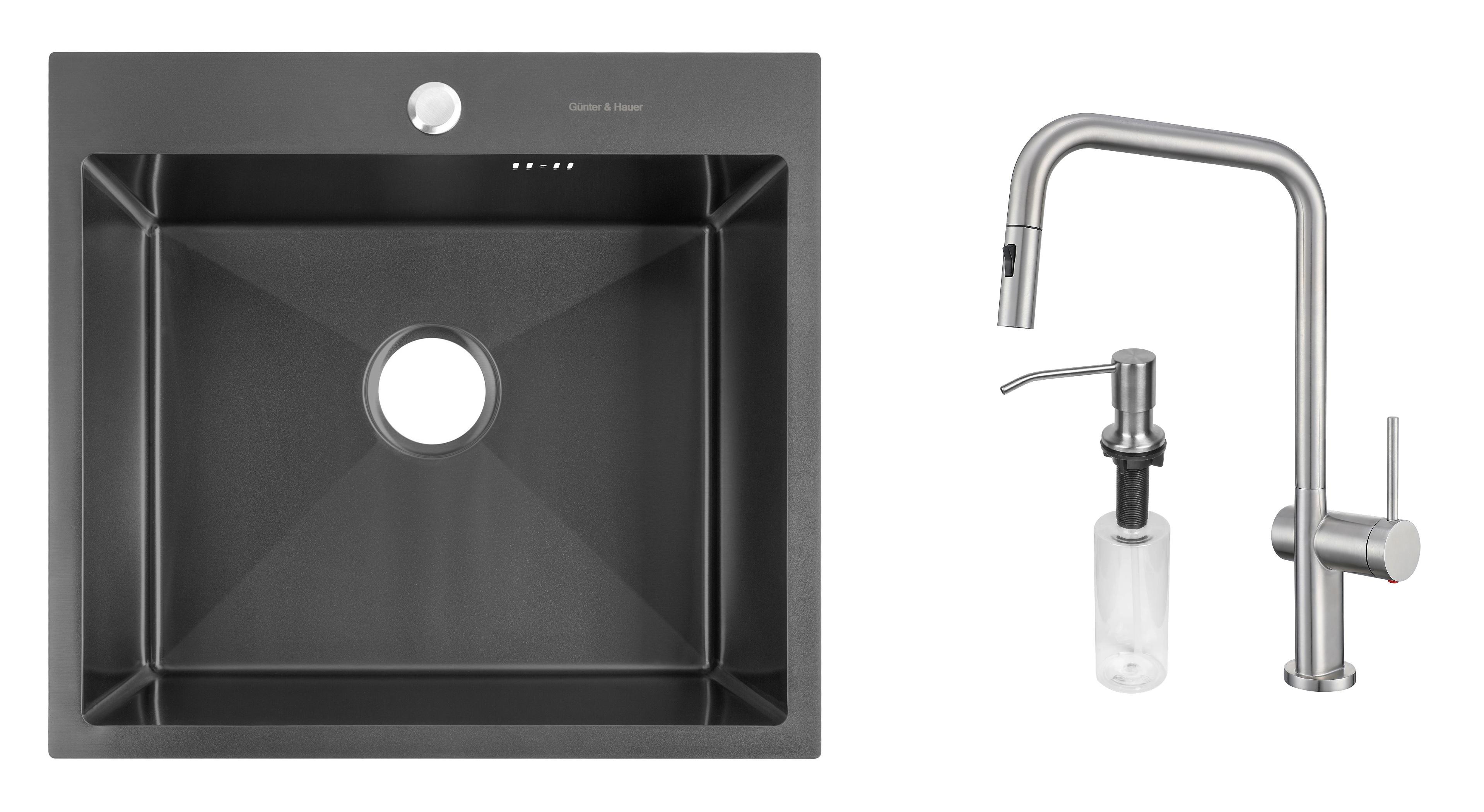 Комплект из кухонной мойки Gunter&Hauer Mindel 5522 Black кухонного смесителя Gunter&Hauer BRUNNEN Br и дозатора Gunter&Hauer SOAP DISPENSER Inox
