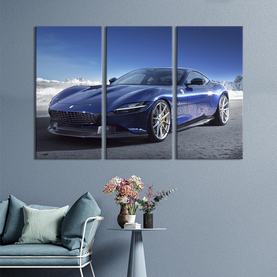 Картина на холсте триптих Синий Ferrari Roma 128x81 см (1294-31)