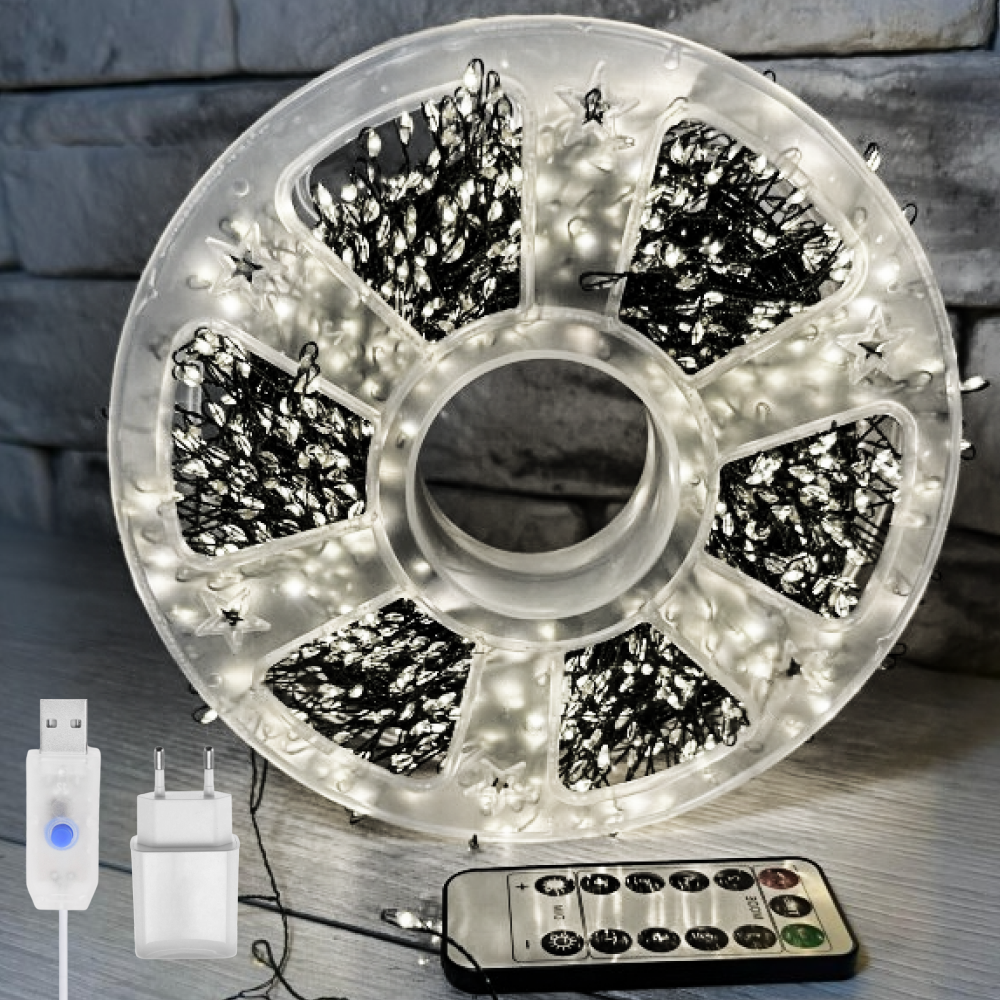 Гірлянда мішура Роса 10 м з пультом 300LED від USB і мережі 220V 8 режимів білий