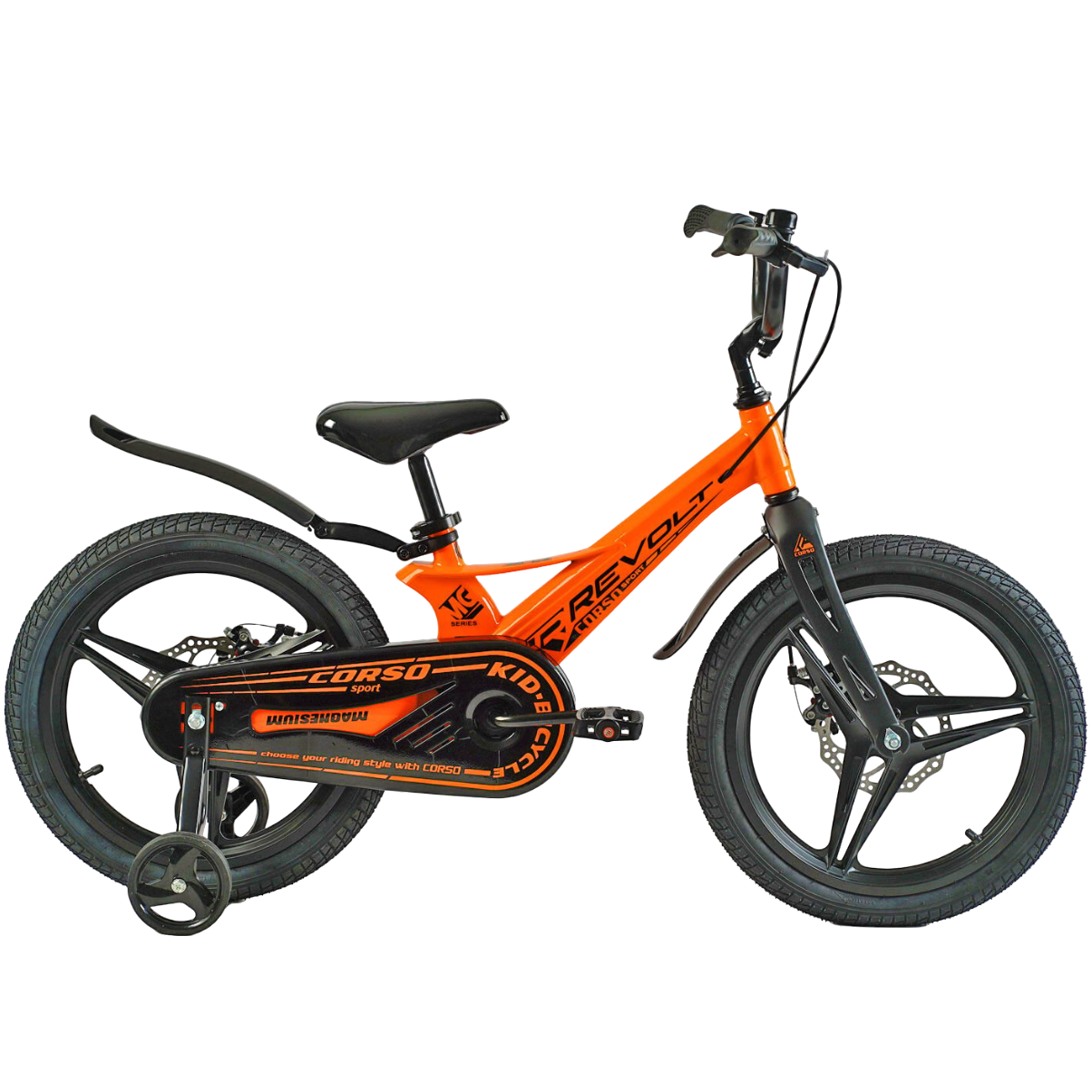 Дитячий велосипед Corso Revolt 18" з магнієвою рамою та додатковими колесами Помаранчевий (MG-18022)