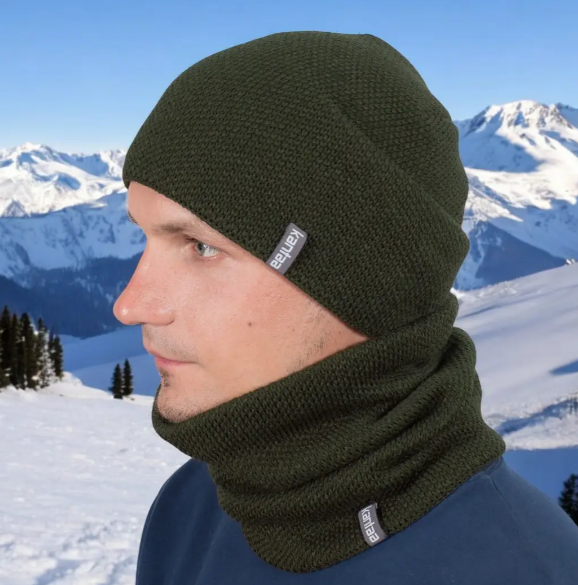 Комплект зимняя мужская шапка с хомутом на флисе Хаки (29548379) - фото 4