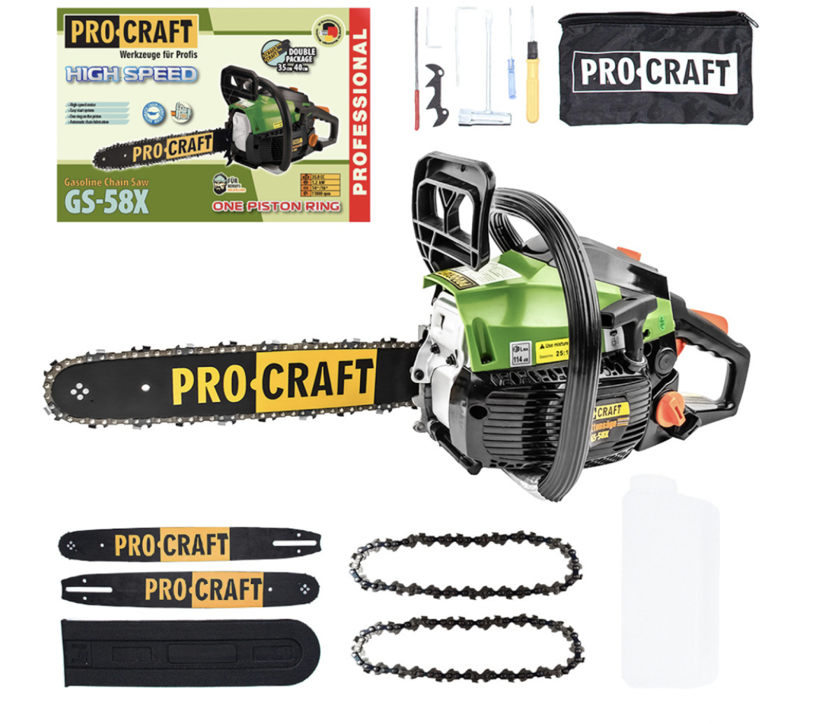Бензопила цепная PROCRAFT GS‑58X 2 шины/2 цепи 35 и 40 (29214713)