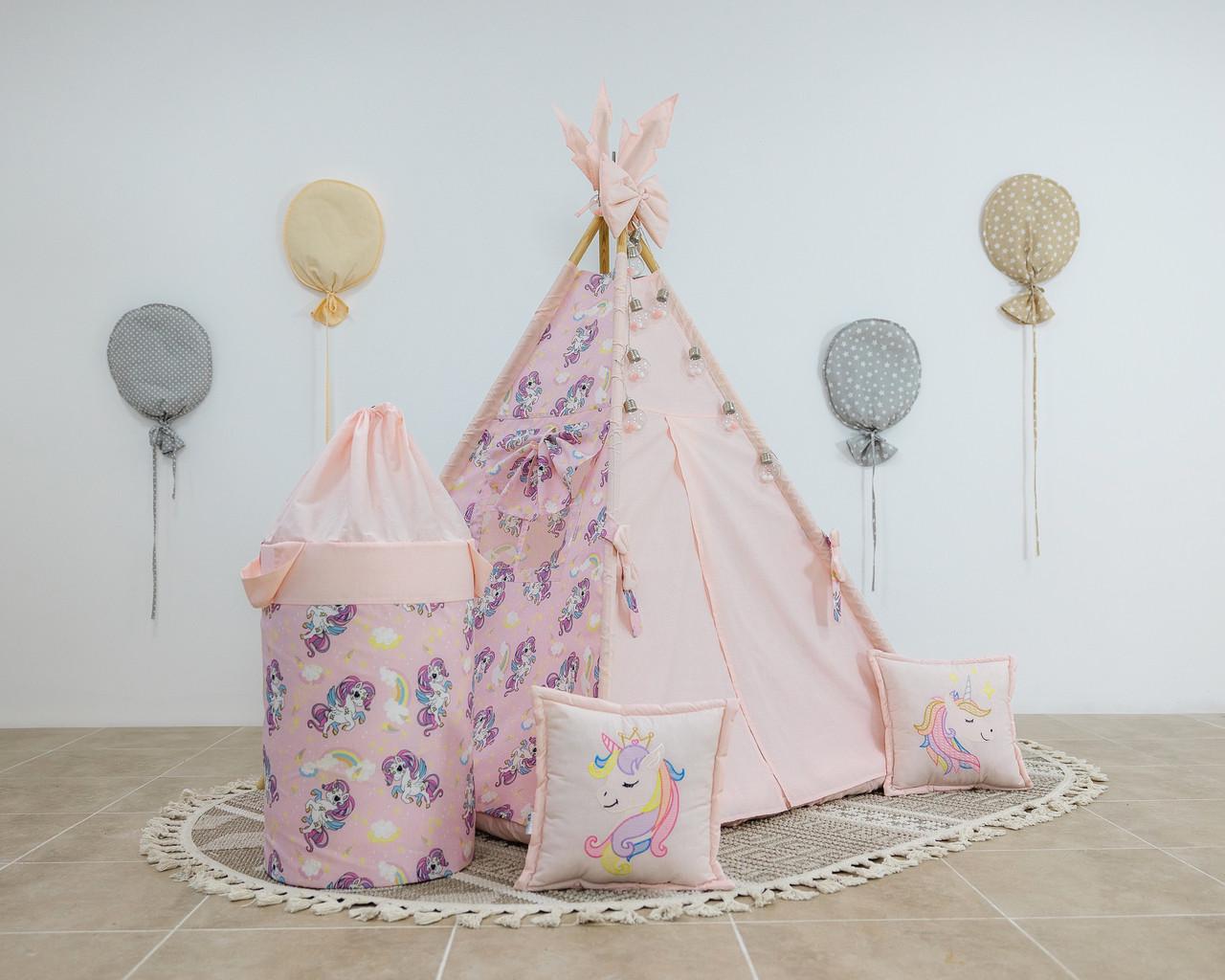 Вигвам для девочки Unicorn матрас БОН БОН с подугками и бантом с корзиной - фото 2