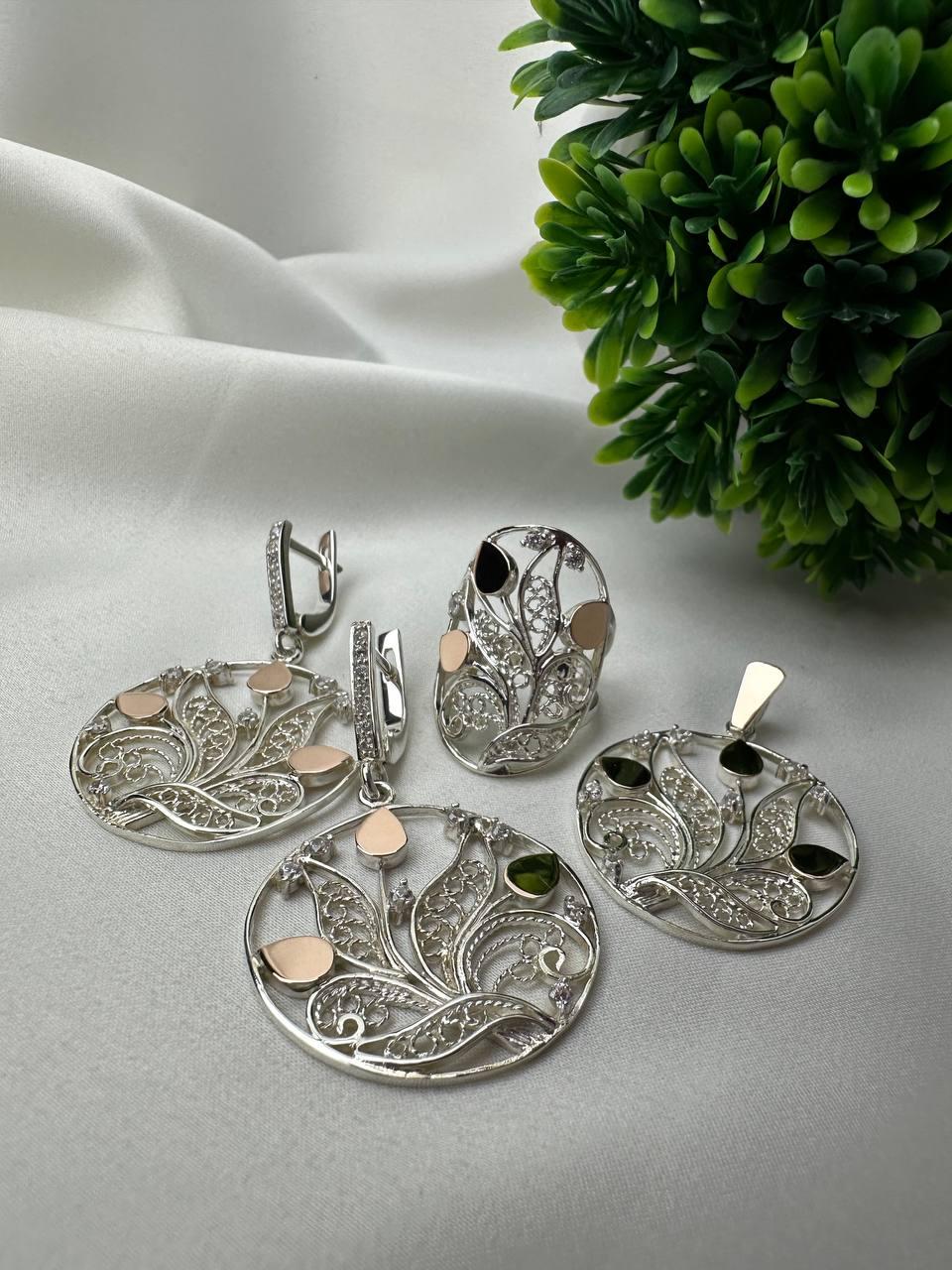 Комплект украшений кольцо/кулон/серьги Цветы в весне серебро 925 пробы с золотыми пластинами (2555947879)