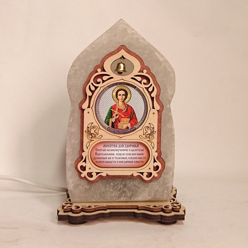 Соляна лампа Ікона маленька  Пантелеймон червоного підсвічування (20029)