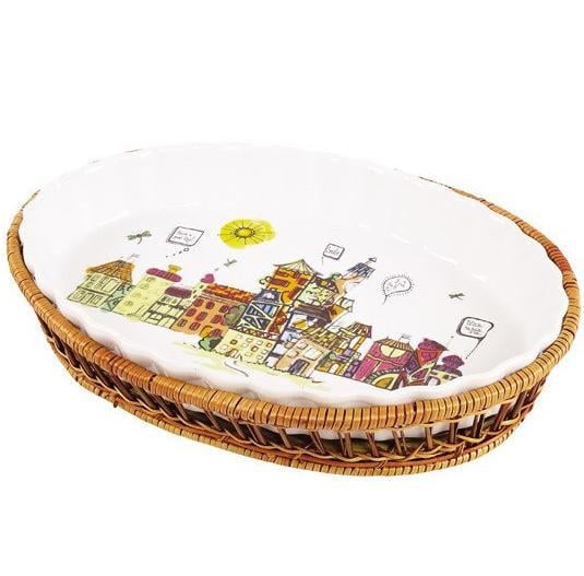 Форма для випікання овальна Kamille КМ-6300 із жаростійкої кераміки з ротанговим кошиком 2,1 л Білий (150-84-6300)