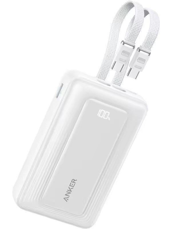 Повербанк со встроенными кабелями Anker A125M 20000 mAh 45W с LED дисплеем и быстрой и сквозной зарядкой для ноутбука и роутера Белый
