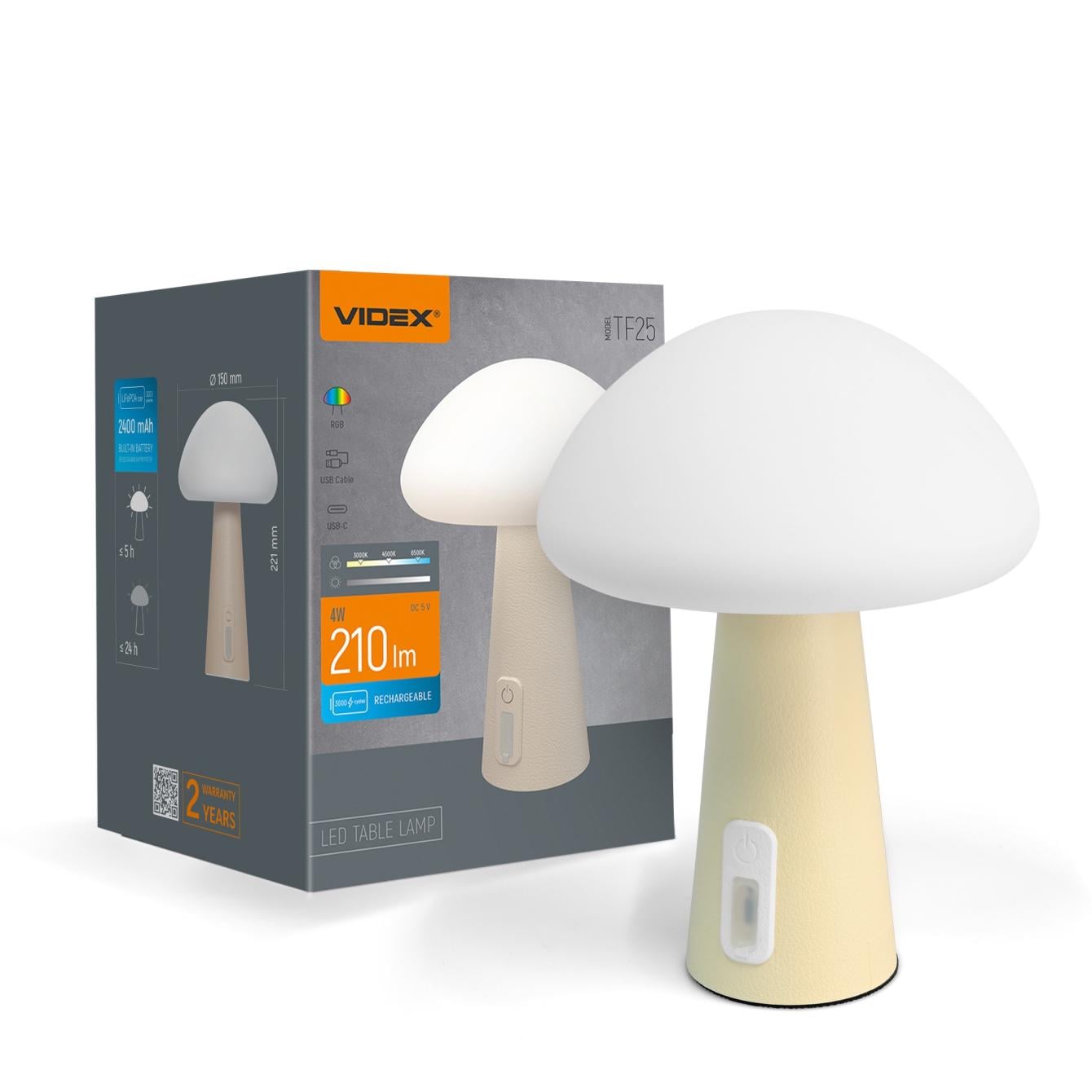 Лампа настільна LED Videx VL-TF25BG з акумулятором 4W 3000/6500K+RGB Beige (29236)