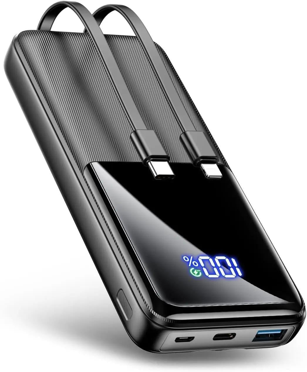 Повербанк с быстрой зарядкой PD 22,5 Вт/Quick Charge 3.0 со встроенными кабелями LED-дисплеем/15000 мАч (CFIAI PB-08)