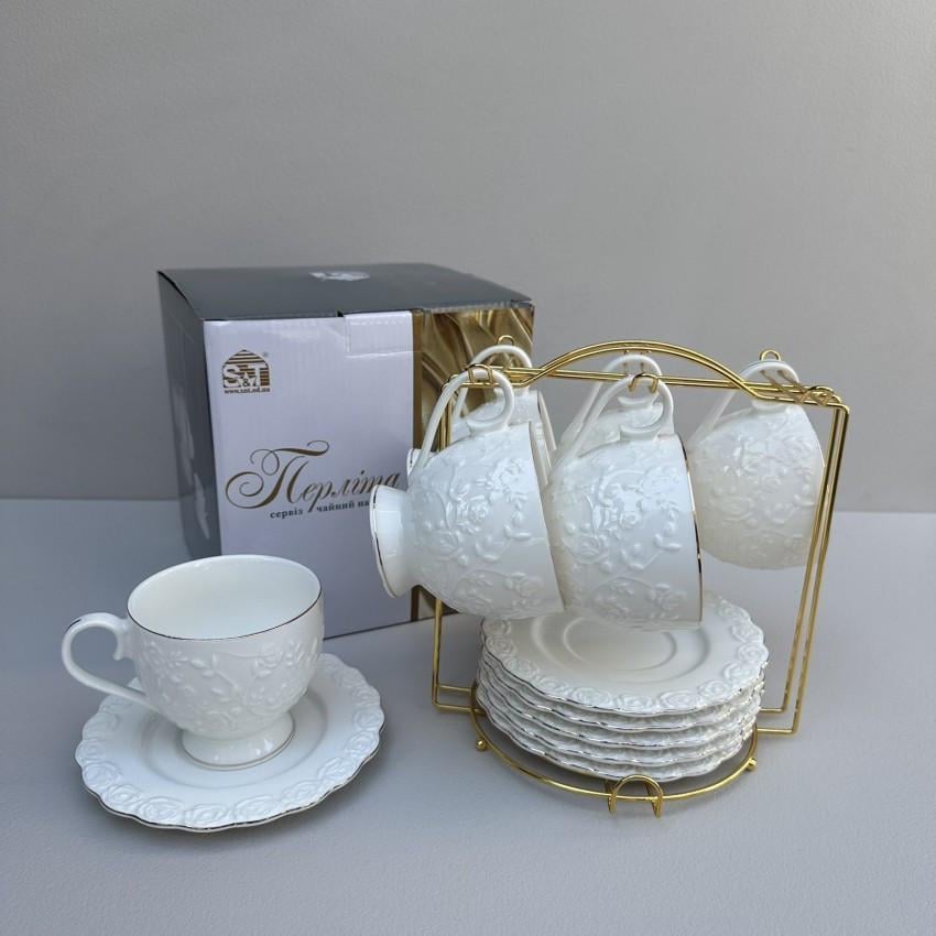 Сервіз для чаю S&T порцеляновий на металевій стійці 12 предметів Перліта чашка 260 мл/блюдце 14,3 см (2758429120)