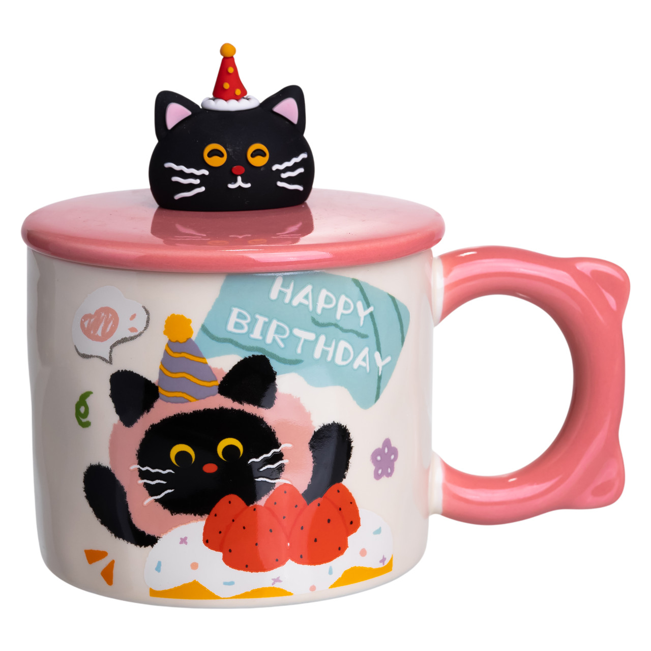 Чашка фарфоровая детская с ручкой и крышкой Kitten's Birthday 11х9 см 400 мл Розовый (FM-24C)