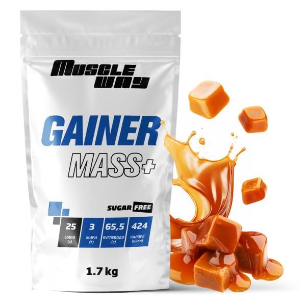 Гейнер вуглеводно-білковий для набору маси MuscleWay GAINER MASS+ Sugar Free у порошку 1,7 кг Карамель (21-125-g-mw-rs1,7.3)