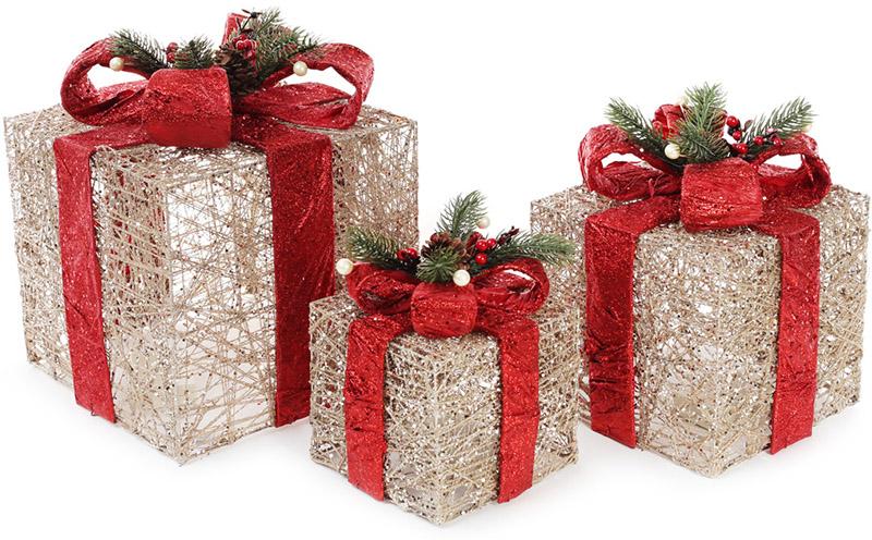 Набір декоративних подарунків 3 коробки з LED-підсвіткою 15х20/20х25/25х30 см Шампань із червоними бантами