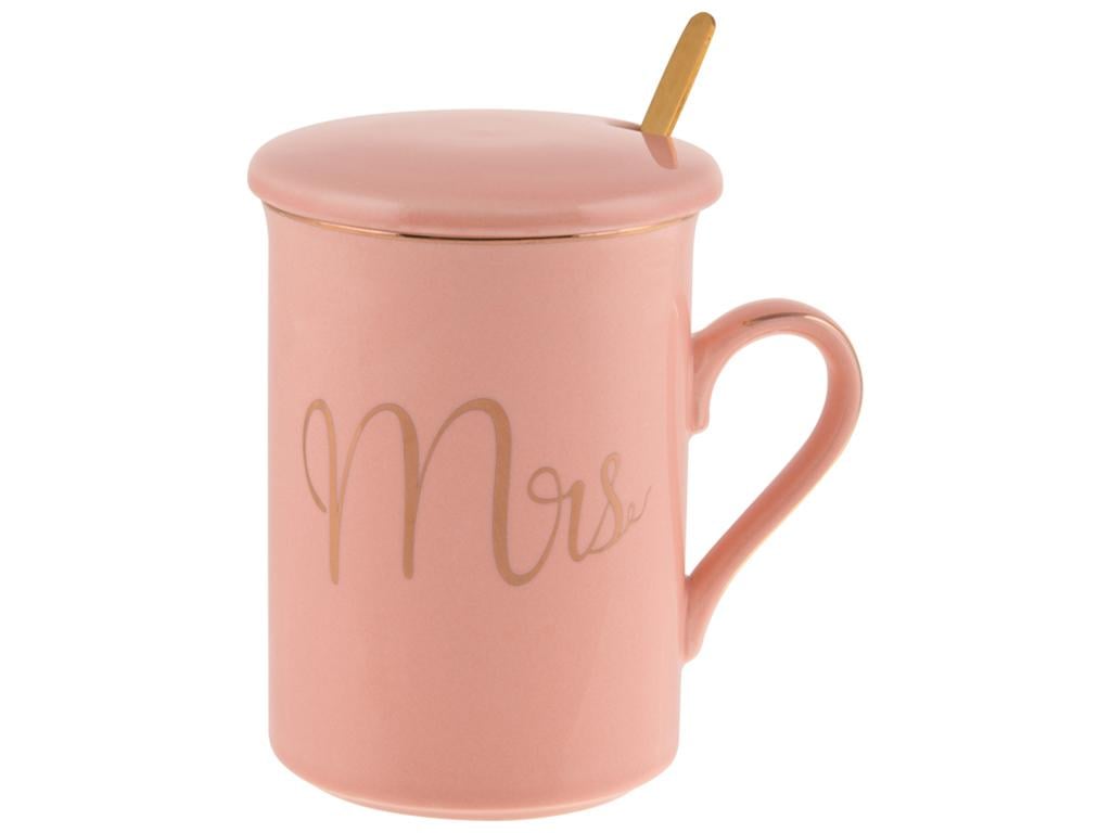 Чашка Mrs с крышкой и золотой ложкой 380 мл Розовый с золотой надписью (BDI-984-211) Чашка Mrs с крышкой и золотой ложкой 380 мл Розовый с золотой надписью (BDI-984-211)
