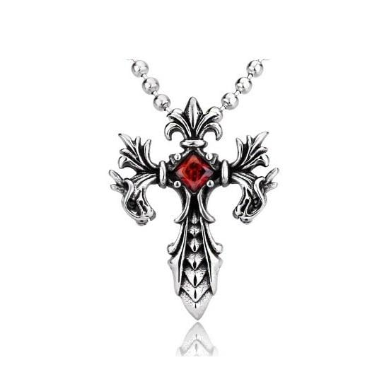 Крестик в готическом стиле с красным камнем из медицинской стали (PSC-012.r)