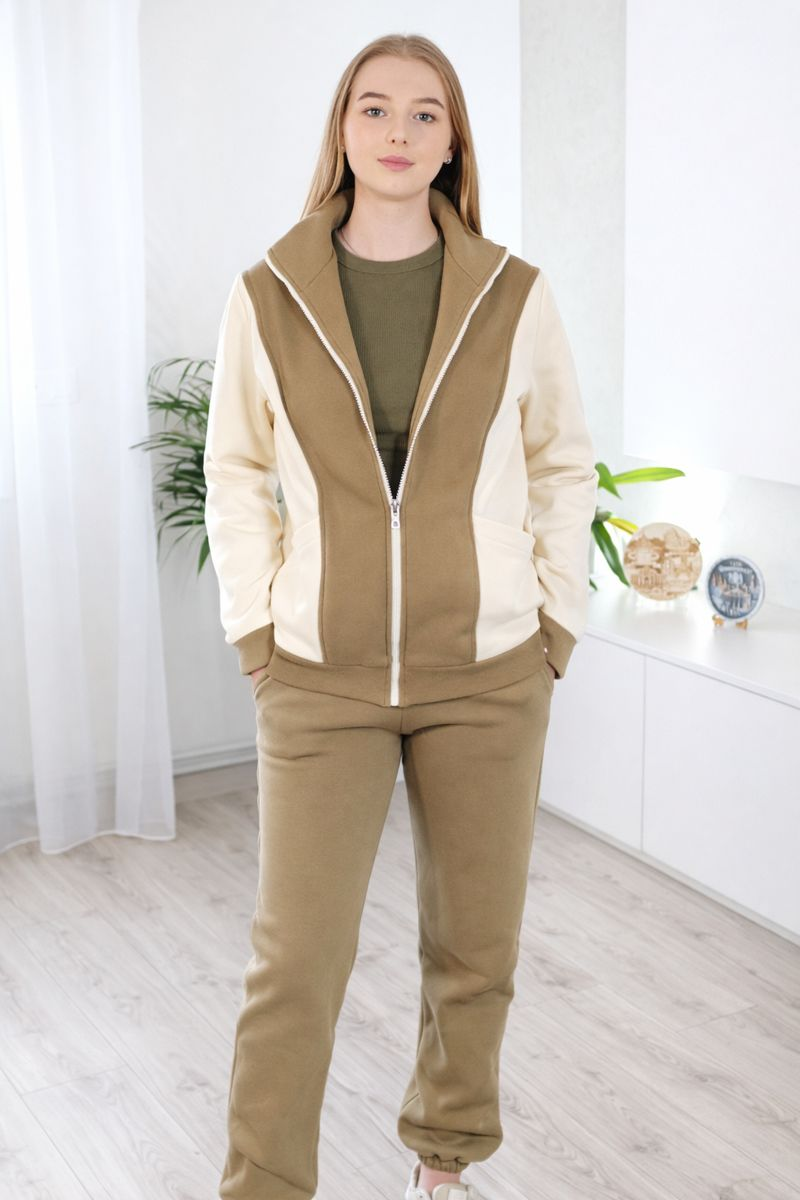 Костюм жіночий теплий з тринитки кофта/штани Capricious CAPS0192 L Хакі з молочним (38093873)