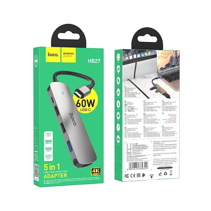 USB-хаб Hoco HB27 Type-C multi-function converter HDTV+USB3.0+USB2.0х2+PD Metal Gray (6931474769329) - фото 2 USB-хаб Hoco HB27 Type-C multi-function converter HDTV+USB3.0+USB2.0х2+PD Metal Gray (6931474769329) - фото 2