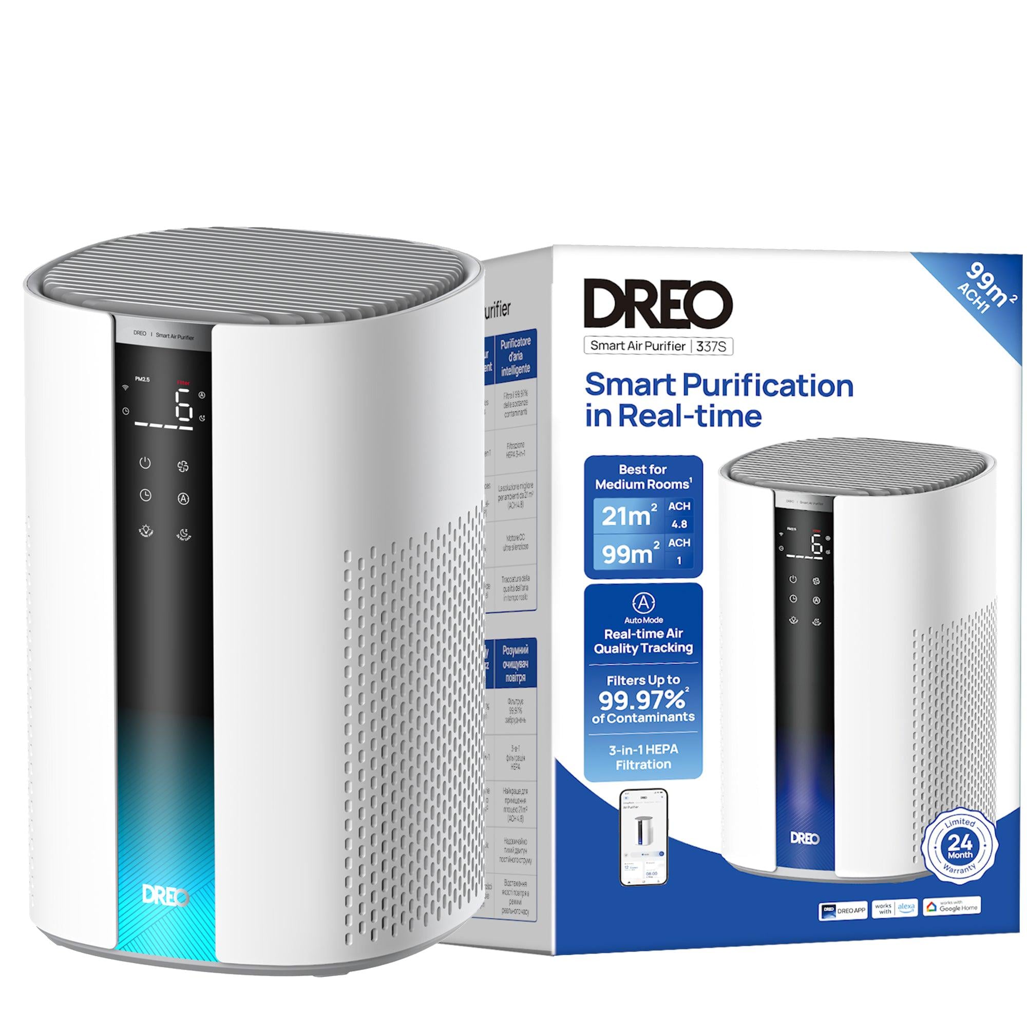 Очищувач повітря DREO 337S Smart Wi-Fi 243 м3/год True HEPA H13 3в1 PM2.5 Auto/Turbo/Sleep до 99 м2
