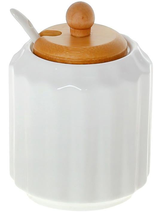 Сахарница фарфоровая Nouvelle Home Naturel с ложкой и деревянной крышкой 300 мл 8х11 см