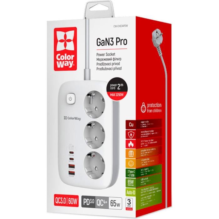 Сетевой фильтр ColorWay CW-CHE34PDW GaN3 Pro PD 65W 3 розетки 2 USB-A 2 USB-C 2 м White (26075395) - фото 8 Сетевой фильтр ColorWay CW-CHE34PDW GaN3 Pro PD 65W 3 розетки 2 USB-A 2 USB-C 2 м White (26075395) - фото 8