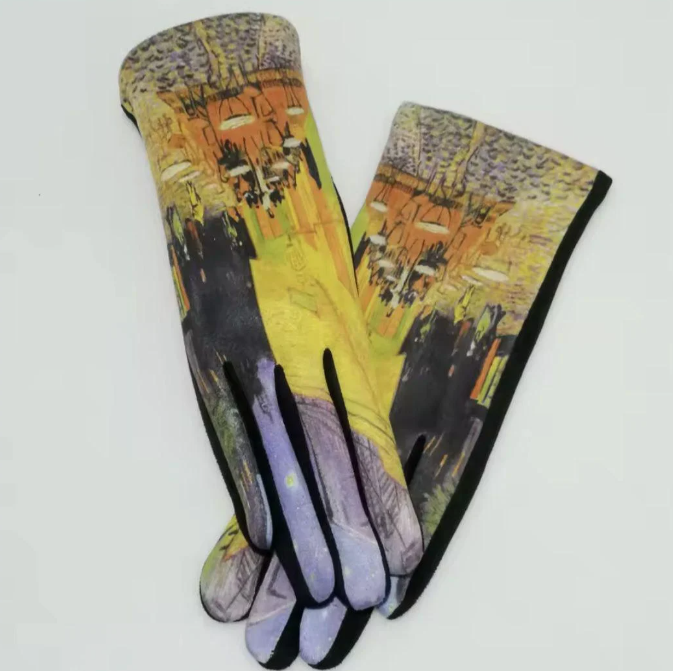 Рукавички жіночі теплі з художнім принтом Нічна тераса кафе (000012)