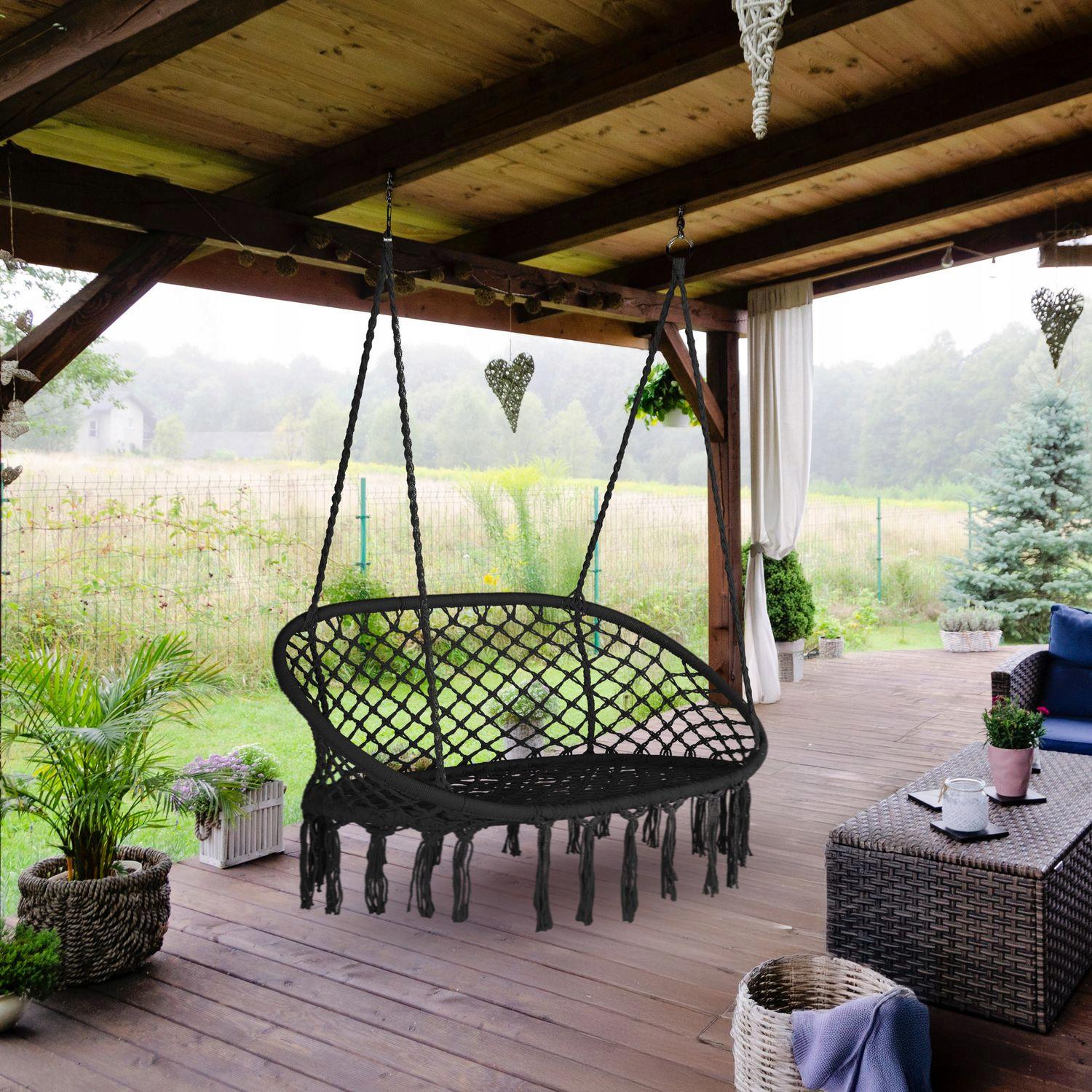 Кресло-качели садовые подвесные Outtec BOHO плетеное для 2 человек гнездо Черный (O-42438) - фото 5 Кресло-качели садовые подвесные Outtec BOHO плетеное для 2 человек гнездо Черный (O-42438) - фото 5