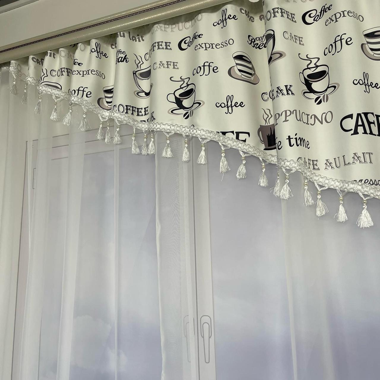 Занавеска с ламбрекеном Coffee Time с бахромой на тесьме шифон/атлас 3x1,8 м Белый/Серый (29225197) - фото 3 Занавеска с ламбрекеном Coffee Time с бахромой на тесьме шифон/атлас 3x1,8 м Белый/Серый (29225197) - фото 3