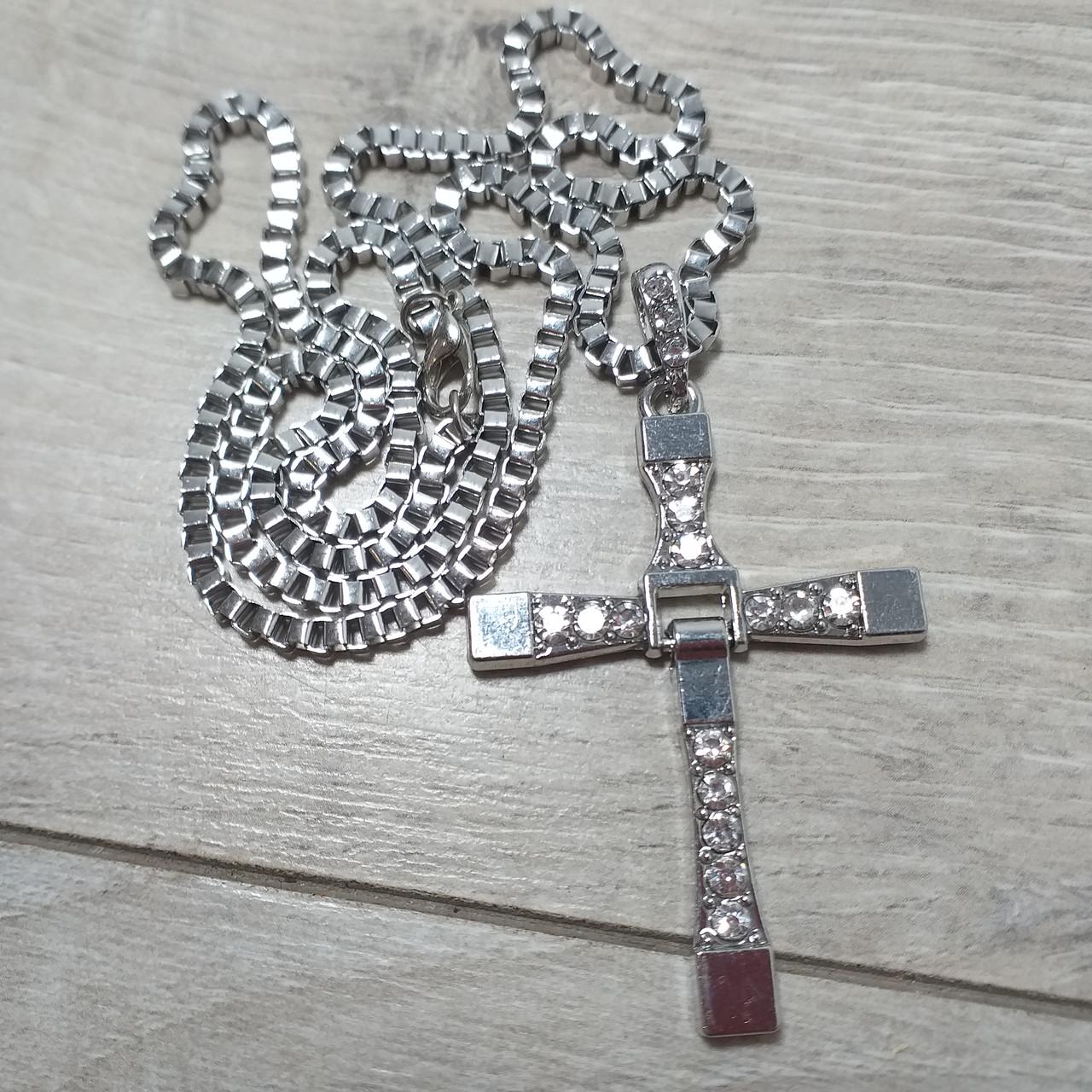 Подвеска-крестик с камнями из нержавеющей стали Торетто Форсаж 50x35 мм Серебристый (KG-12388)