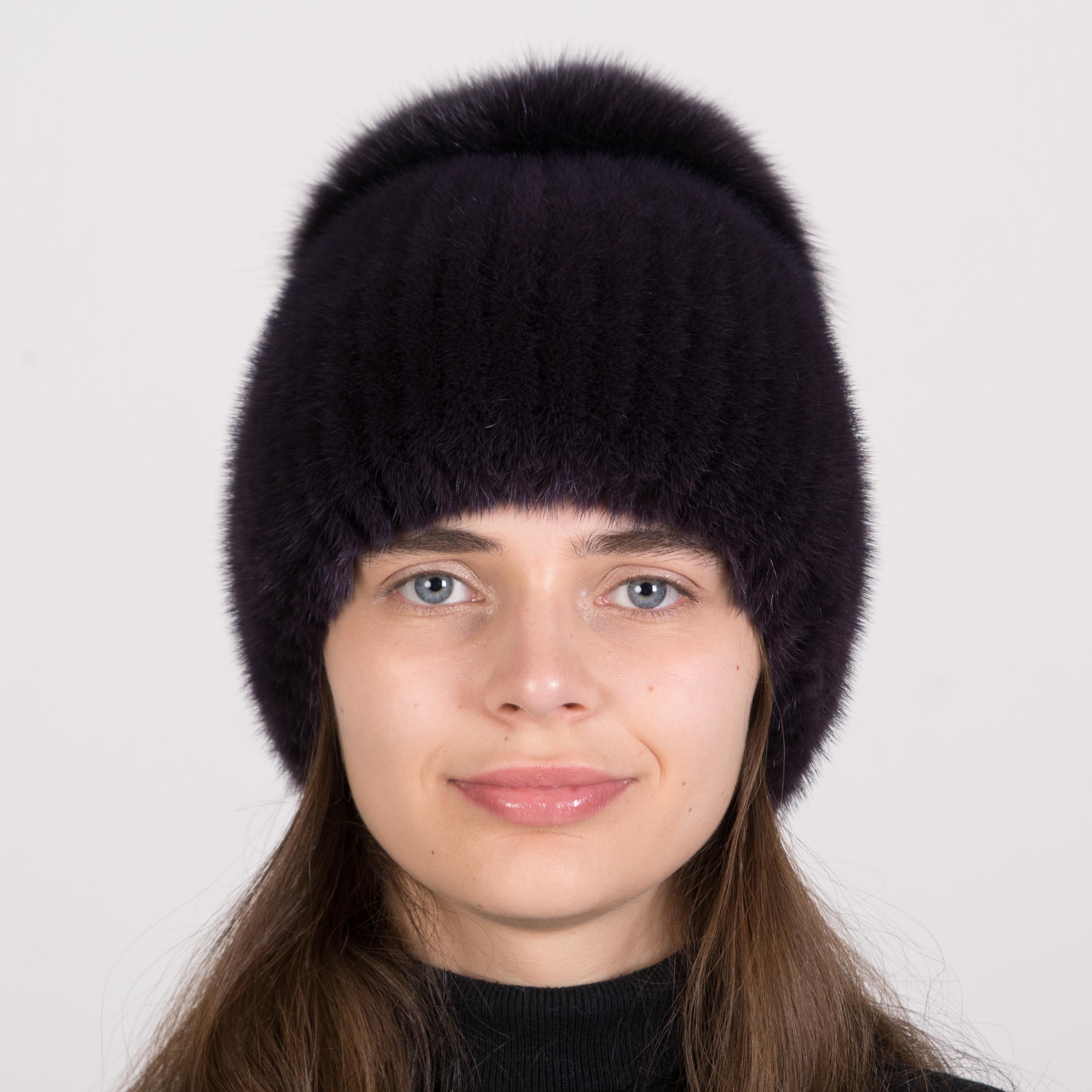 Шапка женская вязаная норковая Меховой Стиль Шарик с помпоном натуральный мех Чайная роза (123/C)