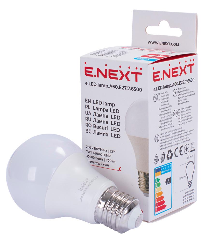 Лампа LED E.NEXT e.LED.lamp.A60.E27.7.6500 7W 220V 700lm 6500K E27 60x112 мм груша (l0650624) - фото 2 Лампа LED E.NEXT e.LED.lamp.A60.E27.7.6500 7W 220V 700lm 6500K E27 60x112 мм груша (l0650624) - фото 2