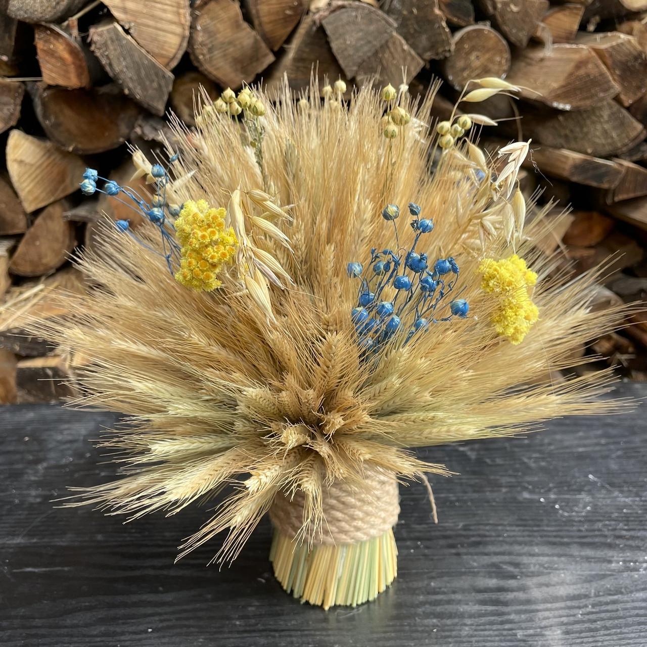 Рождественский дидух из колосьев и льна с сухоцветами 30 см Синий/Желтый (1971981669) - фото 4