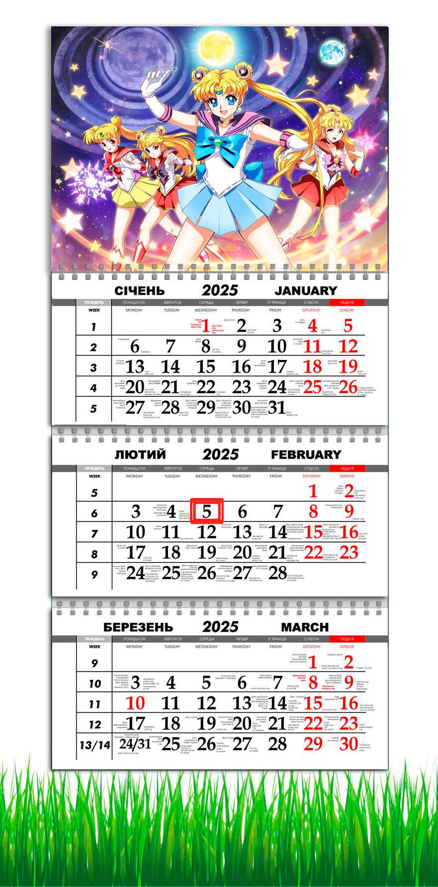 Календарь настенный квартальный на 2025 год APRIORI Сейлормун на 3 пружины 30х61 см (UA3043) Календарь настенный квартальный на 2025 год APRIORI Сейлормун на 3 пружины 30х61 см (UA3043)