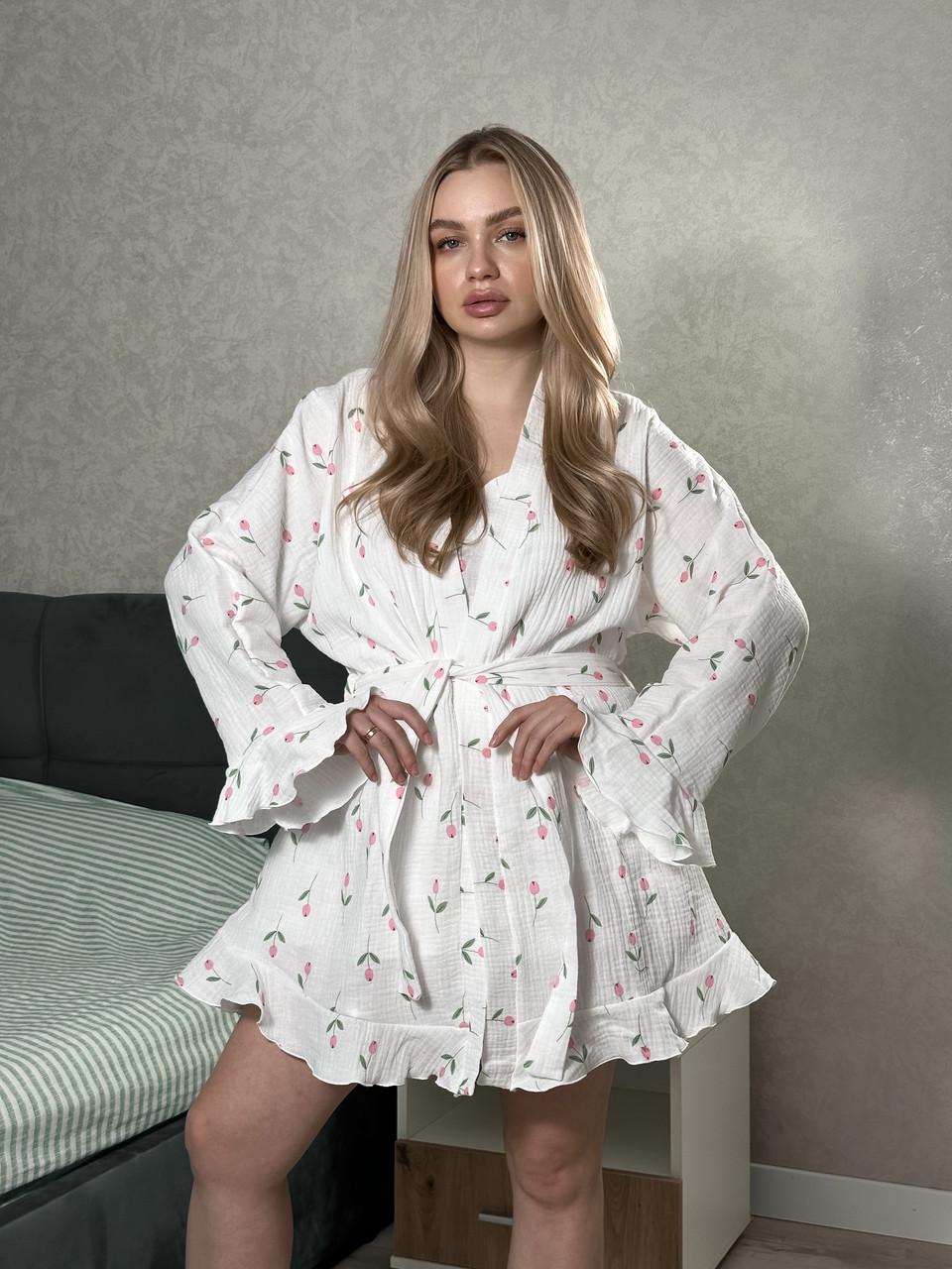 Халат жіночий короткий мусліновий з рюшами Рожевий тюльпан (2526275240)