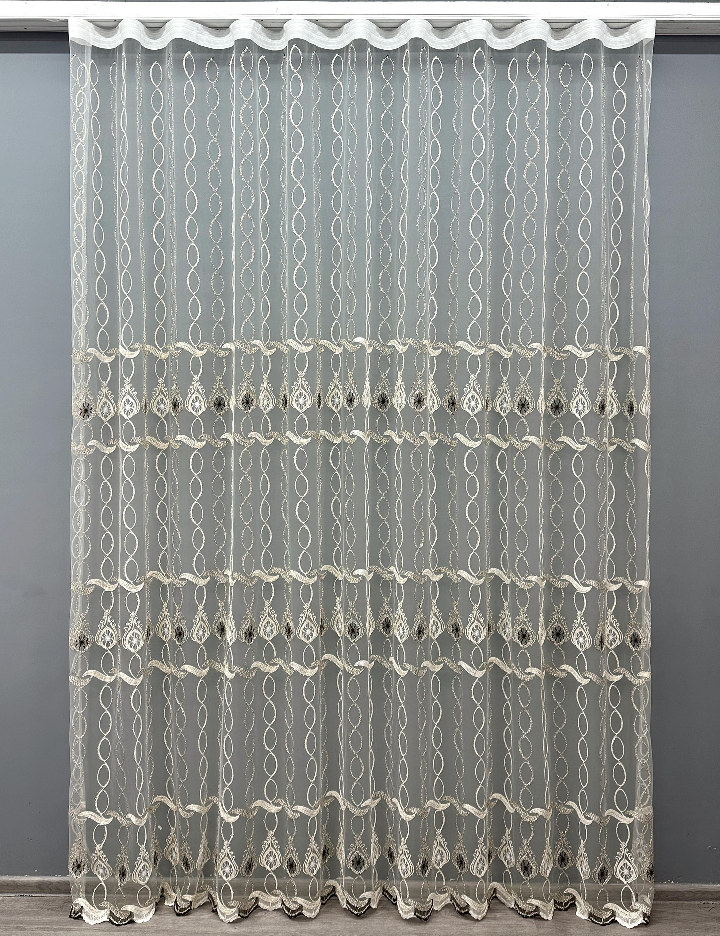 Тюль VR-Textil 1654т Фатин Kort с вышивкой/люрексом 300х270 см Молочный/Венге (42-0627)