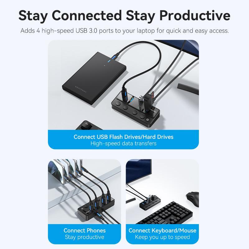 USB-хаб Vention USB-4x USB 3.0/Type-C 5 Гбит/с USB-A 1 м Черный (CHWBF) - фото 6