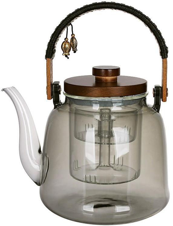Заварочный чайник стеклянный с деревянной крышкой 1200 мл Smokey Grey